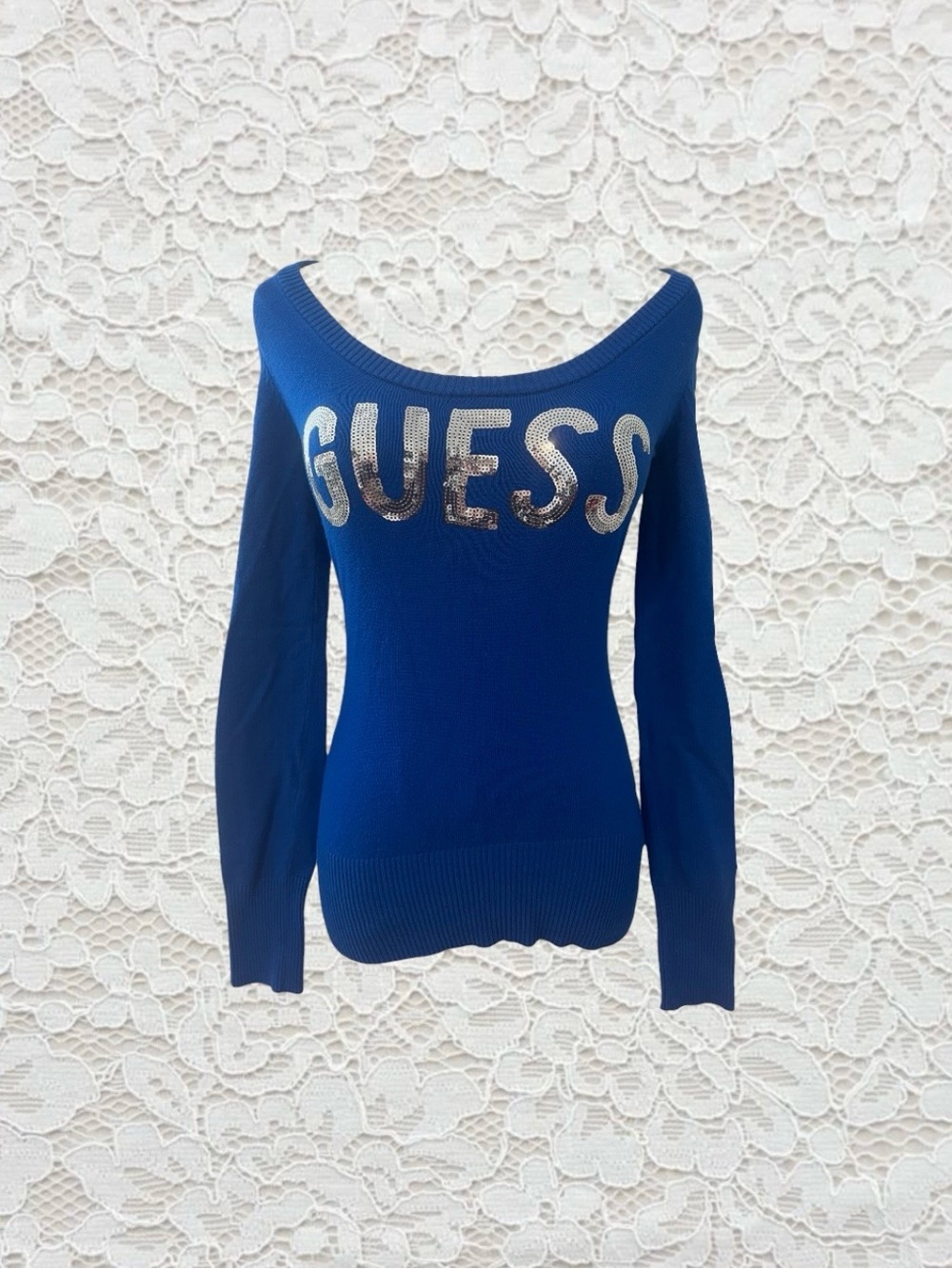 vintage guess blue sequin logo fitted long sleeve sweater